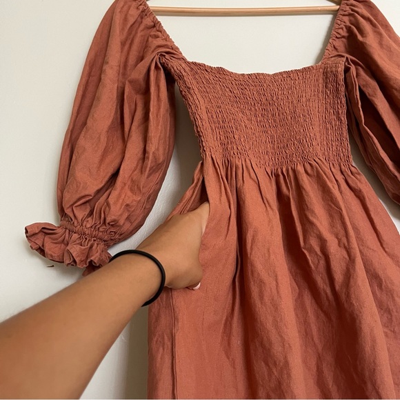 Kourt Portia Linen Flax Rust Burnt Orange Smocked Puff Sleeve Mini Dress Sz S - Picture 8 of 11